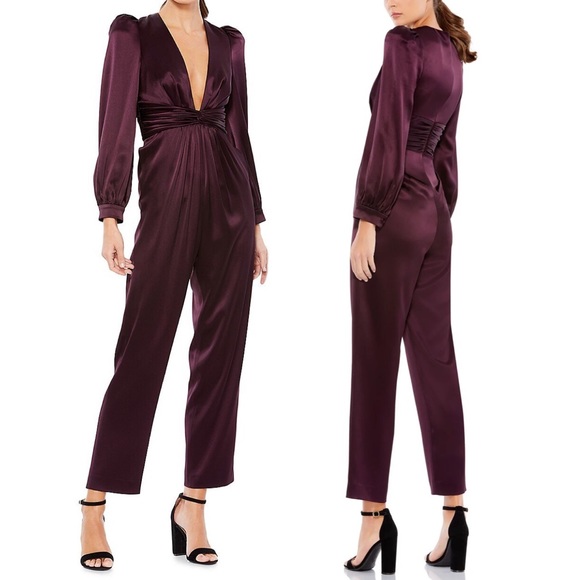 Mac Duggal Pants - Ieena for Mac Duggal Plunge V-Neck Puff Long Sleeve Jumpsuit Size 8 Plum Purple